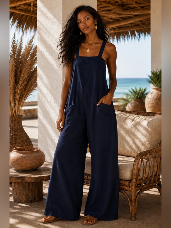 SurelyMine Pants - Women's Navy Wide-Leg Linen Jumpsuit with Pockets